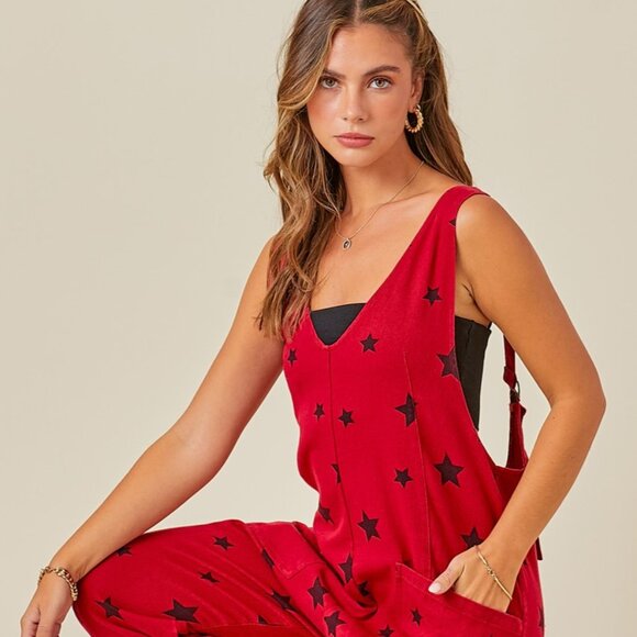 RED & BLACK Star Print One-Piece College Pro Fan GAMEDAY DENIM Onesie Jumpsuit - Picture 11 of 11